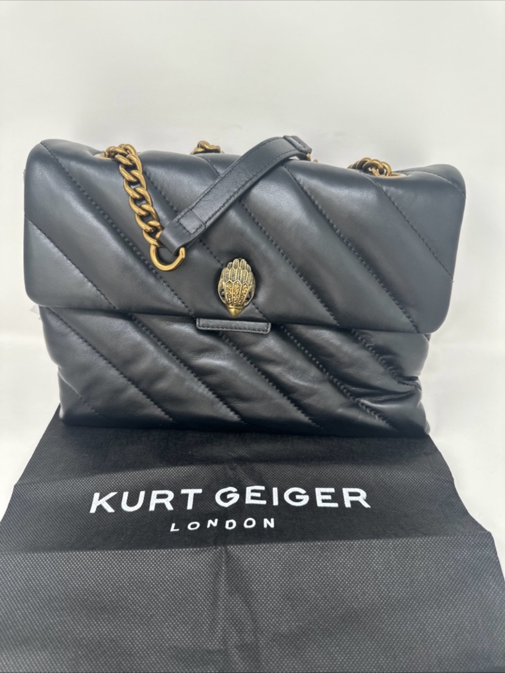 Kurt Geiger Black Quilted Shoulder Bag with Gold Chain